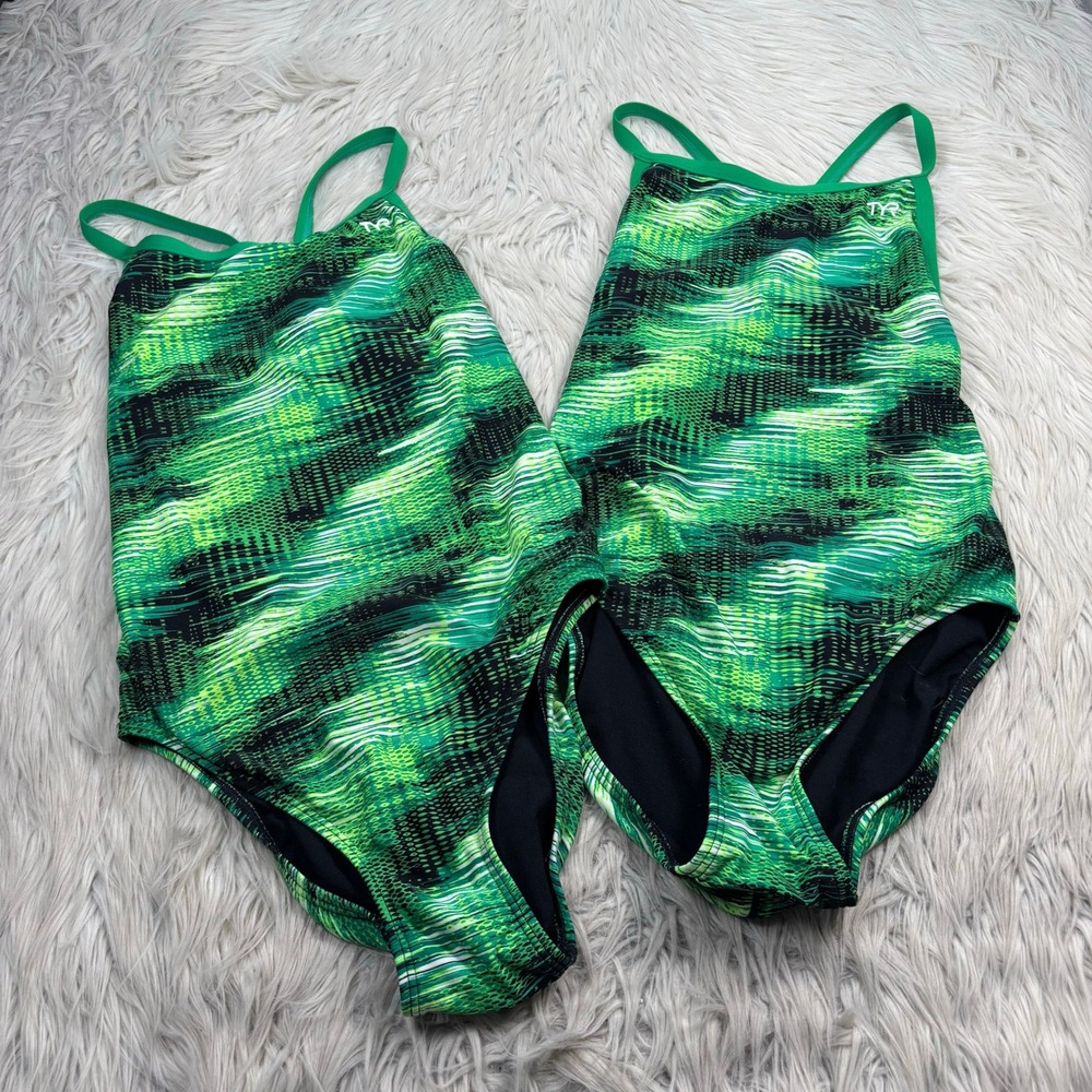 LOT 2 - TYR Women's 38 XL Green Diamond Fit One Piece Athletic Swimsuit Racing